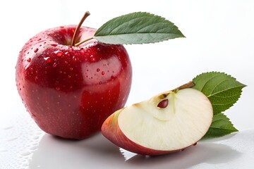 Fresh Shiny Red Apple with Leaf and Crisp Slice in Close-Up