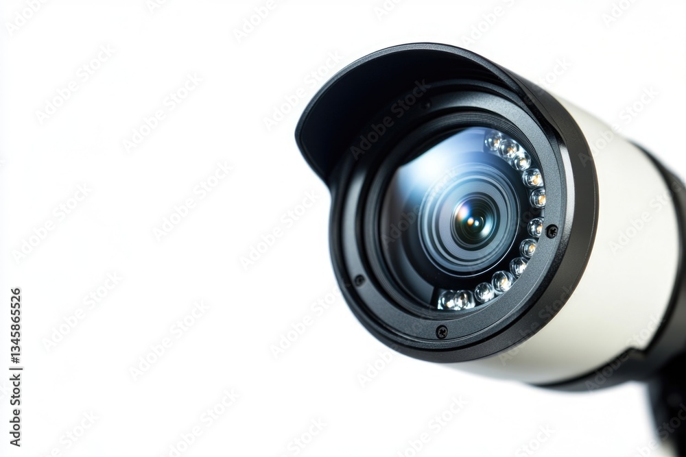 Poster a close-up shot of a camera on a white background, ideal for use in technology and photography-relat