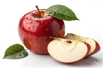 Fresh Shiny Red Apple with Leaf and Crisp Slice in Close-Up