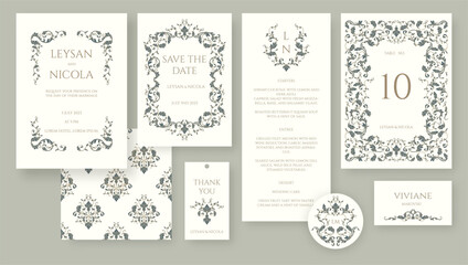 Elegant wedding set. Victorian border and frame pattern. Place cards, wedding invitation, table number, save the date, thank you card, menu, sticker.
