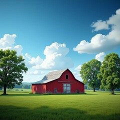 Obraz premium A serene rural landscape with a red barn and trees