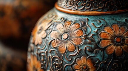 A close-up of a pottery piece, intricate designs, artistic craftsmanship