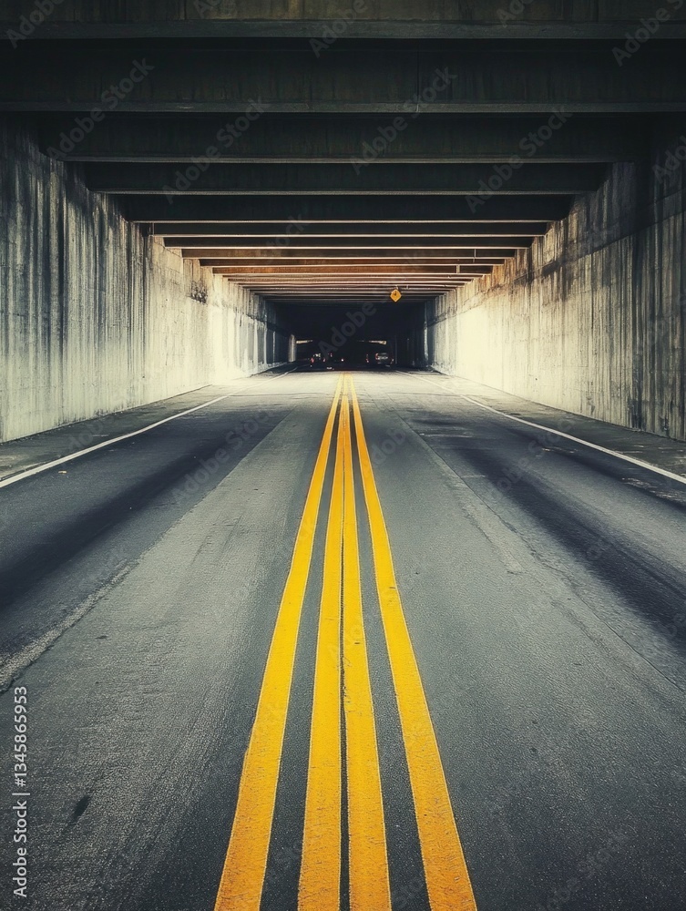 Poster a straight road with two yellow lines as a divider, suitable for use in travel or infrastructure pho