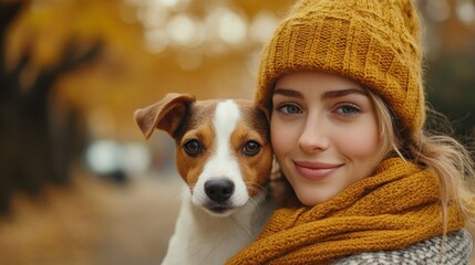 Autumnal Embrace: Woman and Jack Russell in Fall Colors