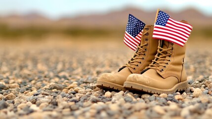 A pair of military boots adorned with small American flags, standing on a rocky surface, symbolizing patriotism and strength.