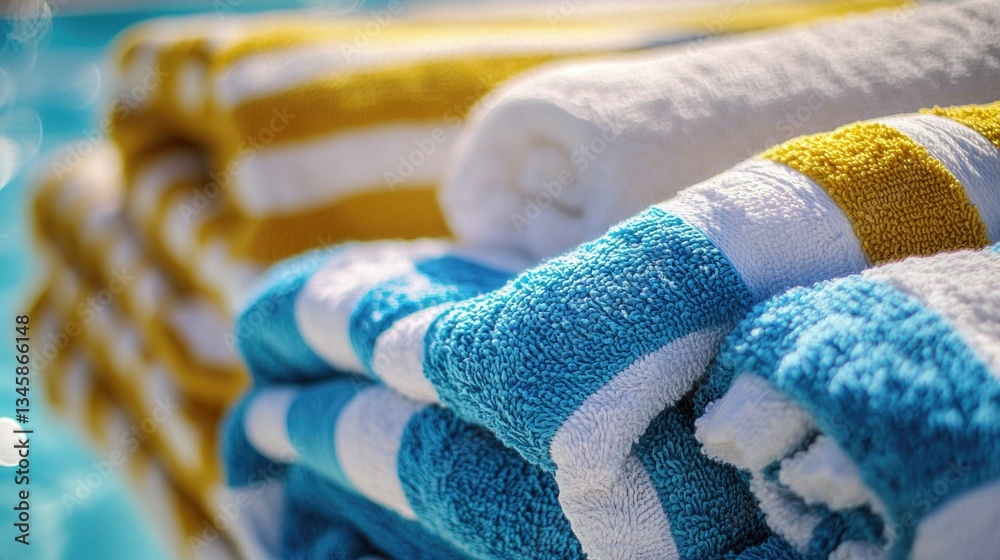 Poster a stack of colorful towels resting next to a swimming pool, perfect for a summer day or as a decorat