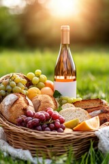 Golden Hour Picnic Scene with Woven Basket and Fresh Fruits