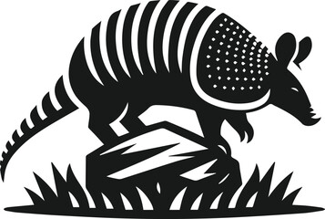 Armadillo hopping over a small rock vector silhouette