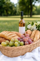 Golden Hour Picnic Scene with Woven Basket Filled with Bread and Grapes