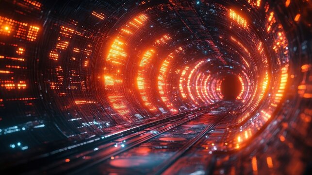 Futuristic Cyber Tunnel with Orange Lights and Digital Pathway - Powered by Adobe