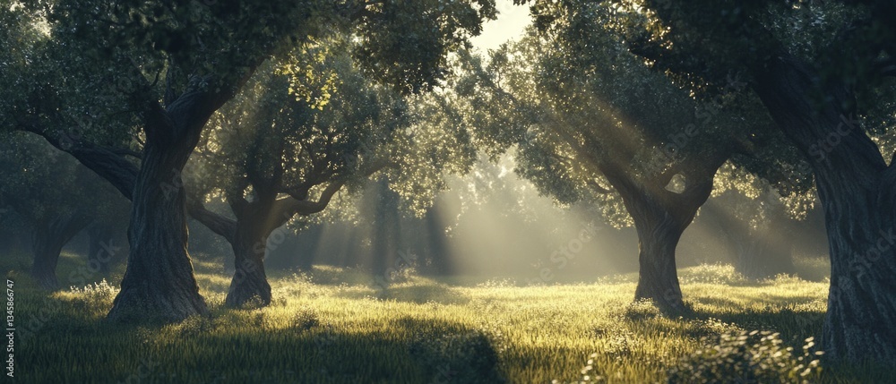 Poster Sunlight filtering through forest trees