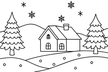 christmas charming countryside line art silhouette vector illustration