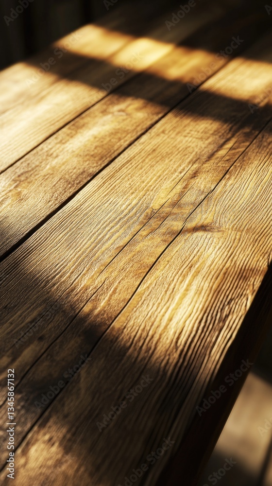 Poster A close-up shot of a wooden table with warm sunlight shining on it, perfect for using as a background or in a still life composition