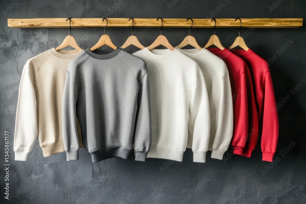 Poster a row of sweaters hangs on a clothes rack, ready for use