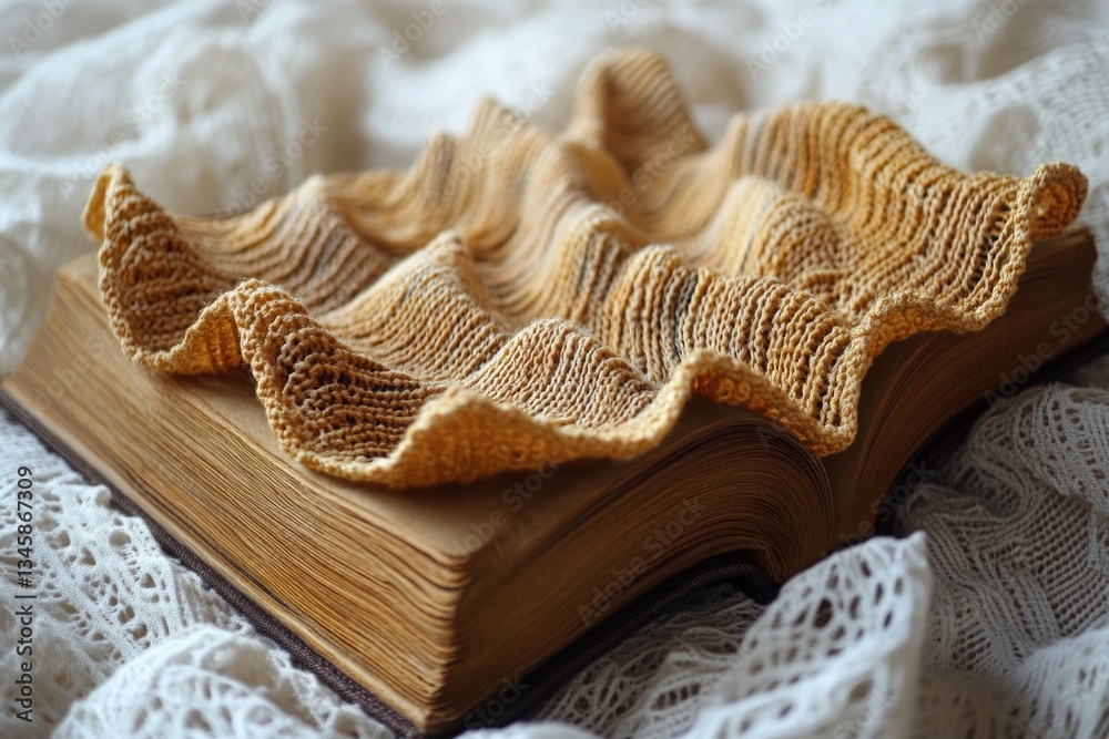 Poster a person has placed a knitted cloth on top of an open book, making it look cozy and inviting