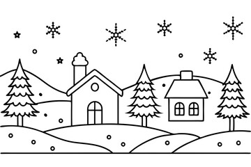 Fototapeta premium christmas charming countryside line art silhouette vector illustration