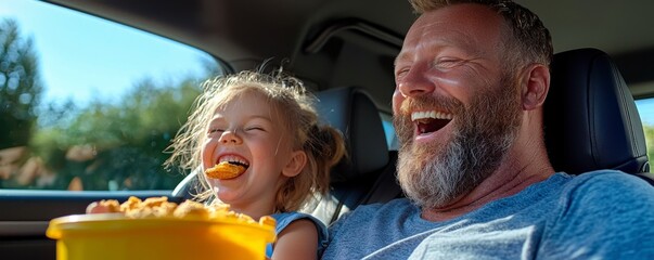 Capture the carefree spirit of family travel with this heartwarming image of joyful parents and kids eating snacks inside the car, bonding over road trip treats A moment of pure bliss as they share