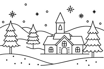 christmas charming countryside line art silhouette vector illustration