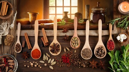 A curated arrangement of spices displays their diverse colors and textures. Various wooden spoons showcase spices like paprika, peppercorns, and cardamom against a rustic wooden backdrop.