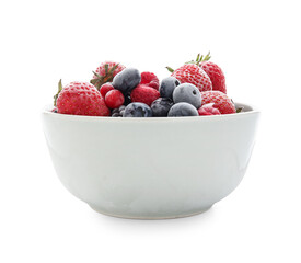 Bowl of frozen berries on white background