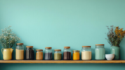 Colorful assortment of spice jars, glass containers arranged on modern wooden kitchen shelves, natural herbs,seeds,powders stored for culinary use in a sustainable home environment. Copy space, banner