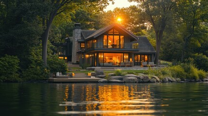 Obraz premium A house with a view of a lake, waterfront property, real estate concept