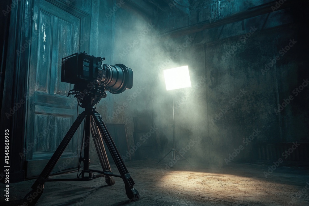 Poster A camera mounted on a tripod in a dimly lit room, ideal for capturing low-light scenes or setting up a studio shoot