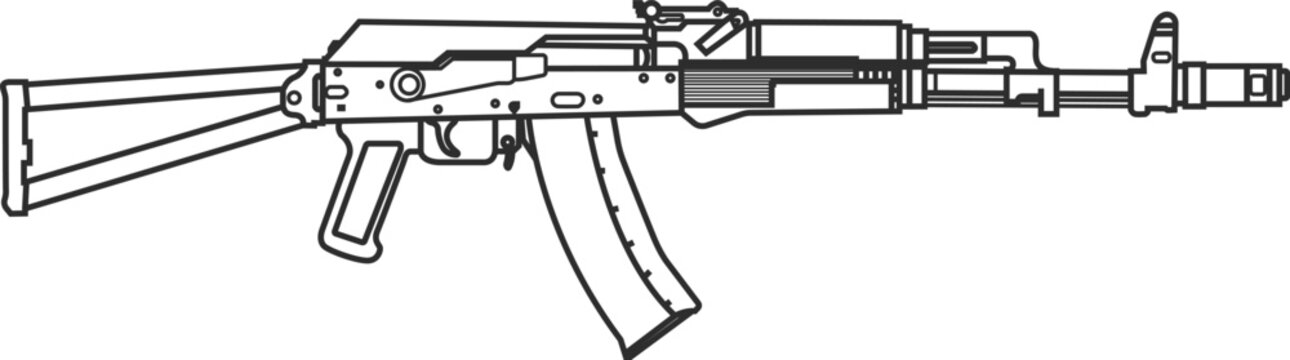 Icon of automatic rifle with folding metal stock, AKS for airborne troops, black line.