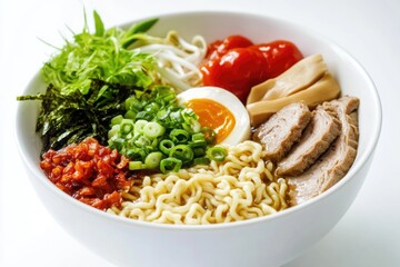 A colorful bowl filled with noodles, meat, vegetables, and savory sauce