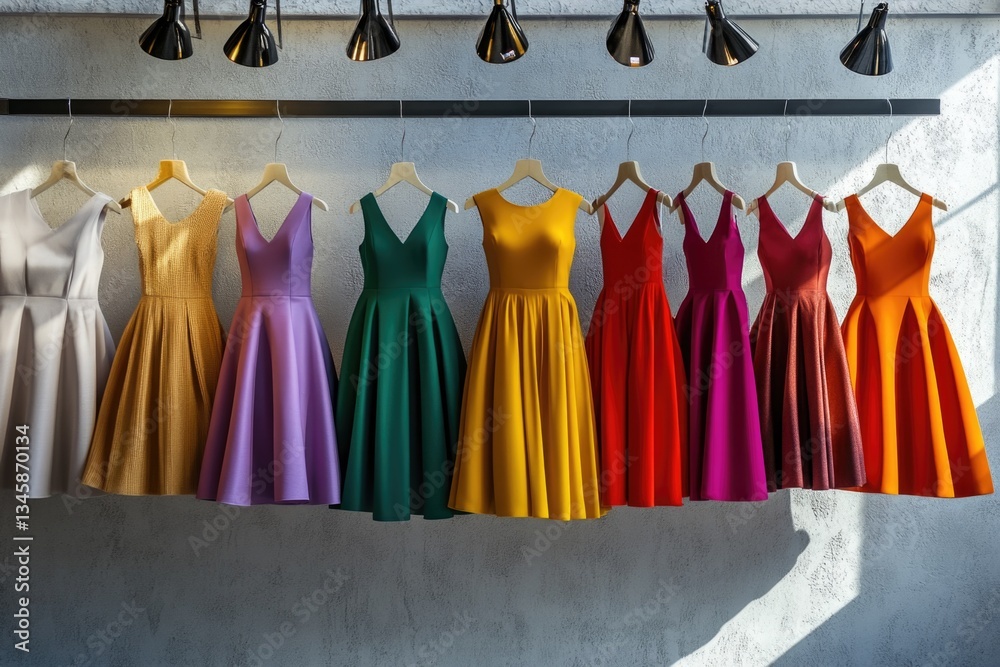 Poster a colorful array of dresses hanging from a rack, perfect for fashion or lifestyle concepts