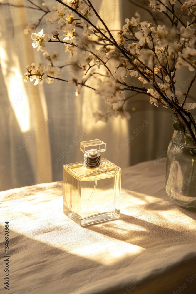 Poster a bottle of perfume sits on a table, ready for use