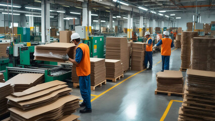 製造ラインで段ボールを扱う作業員と山積みの資材 - 工場、梱包、物流、製造業における労働と供給の風景
