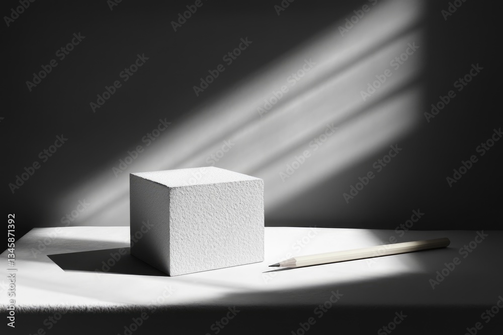 Poster a simple still life image of a pencil resting on the edge of a white box