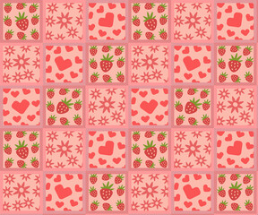 Valentine themed seamless pattern with flowers, hearts, and strawberries