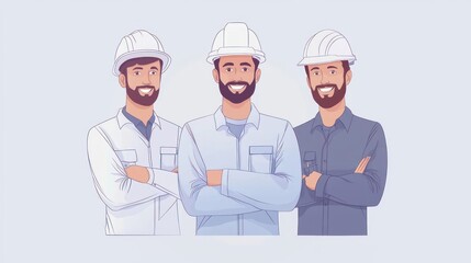 Three smiling male engineers wearing white hard hats and uniform clothing