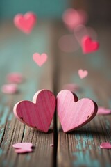Two Pink Wooden Hearts Resting on Rustic Wood with Blurred Hearts in Background
