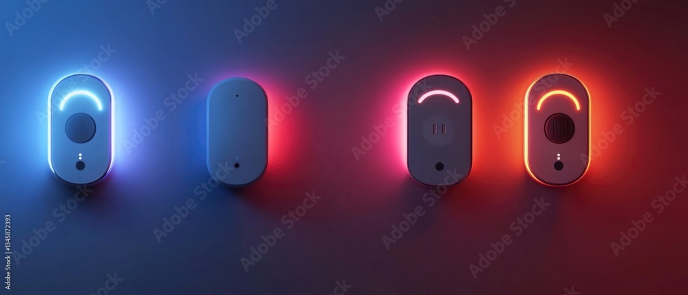 Poster a row of four different colored lights on a wall, can be used for decorative purposes or as a visual