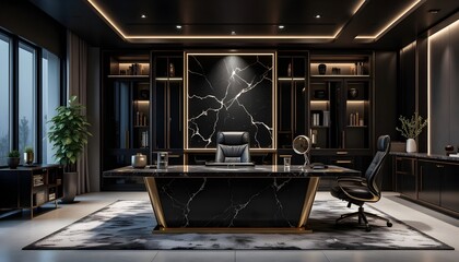 A Striking High-tech Office With Black And Gold environment 