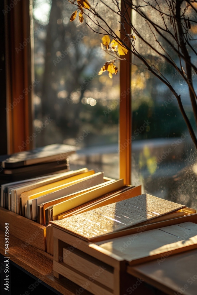 Poster a collection of books stacked on a window sill, great for home or office use