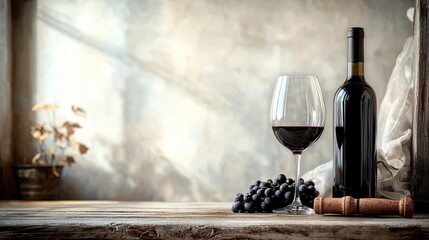 A serene still life featuring a glass of red wine, a wine bottle, and fresh grapes on a rustic wooden table.