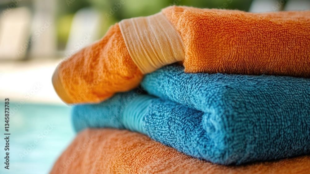 Poster a stack of colorful towels sits beside a swimming pool, ready for use