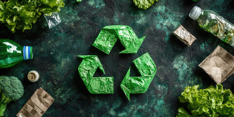 Green recycling symbol surrounded by cardboard, plastic bottles, and fresh green leaves, concept of environmental sustainability and waste management, banner with copy space