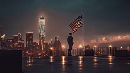 A silhouette of a man standing before the American flag with a city skyline in the background during twilight.
