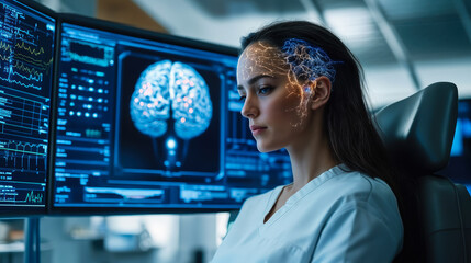 Futuristic Laboratory Using Advanced Neural Technology for Brain Scanning and Diagnostics on Female Patient with Illuminated Neural Pathways