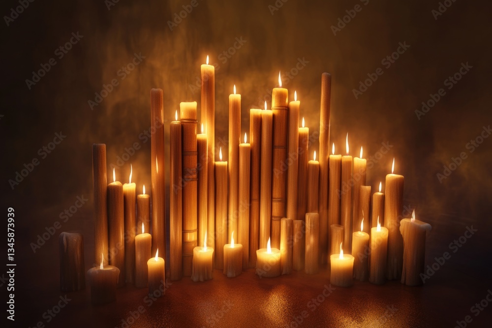 Poster a group of lit candles sitting on top of a table, perfect for use as a decorative element or to add 