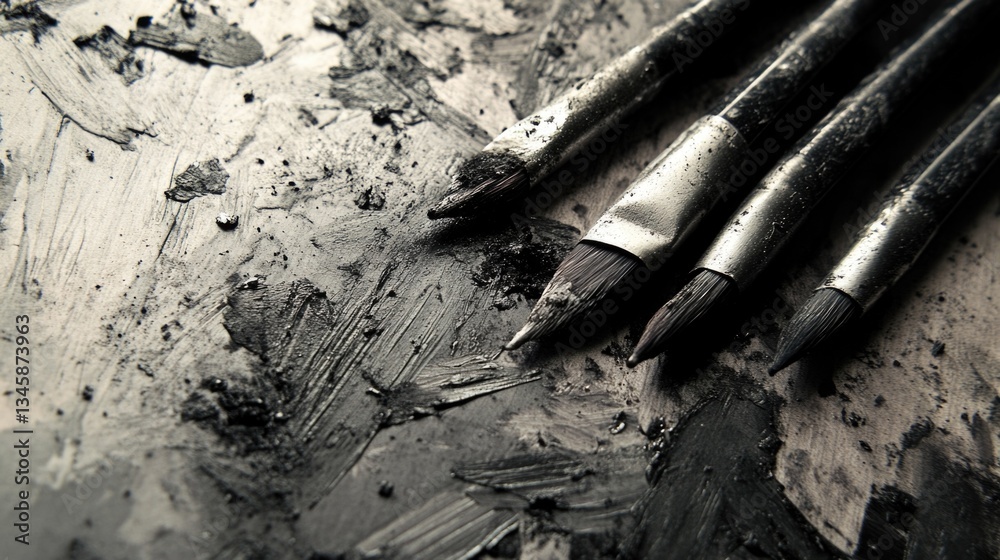 Poster a collection of paintbrushes arranged on a table surface