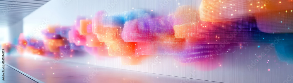 Poster vibrant abstract digital art with colorful fractal patterns and gradient flowing shapes in modern ge