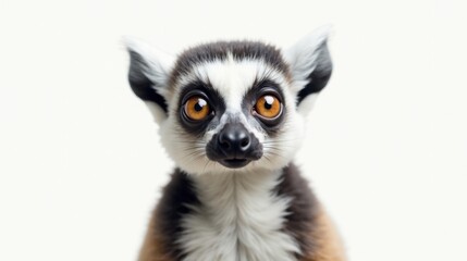 A curious ring-tailed lemur stares intently at the camera, its large expressive eyes captivating against a plain white background.