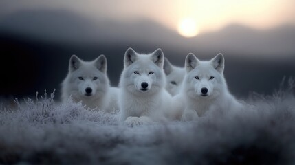 Obraz premium Three majestic white wolves in a serene winter landscape. Sunrise illuminates the frosted tundra