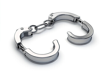 Chrome handcuffs, open, isolated on white background.